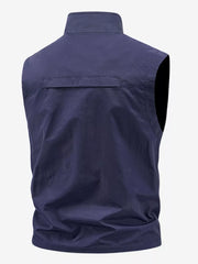 Dark blue men's outdoor vest with stand collar and back flap detail.