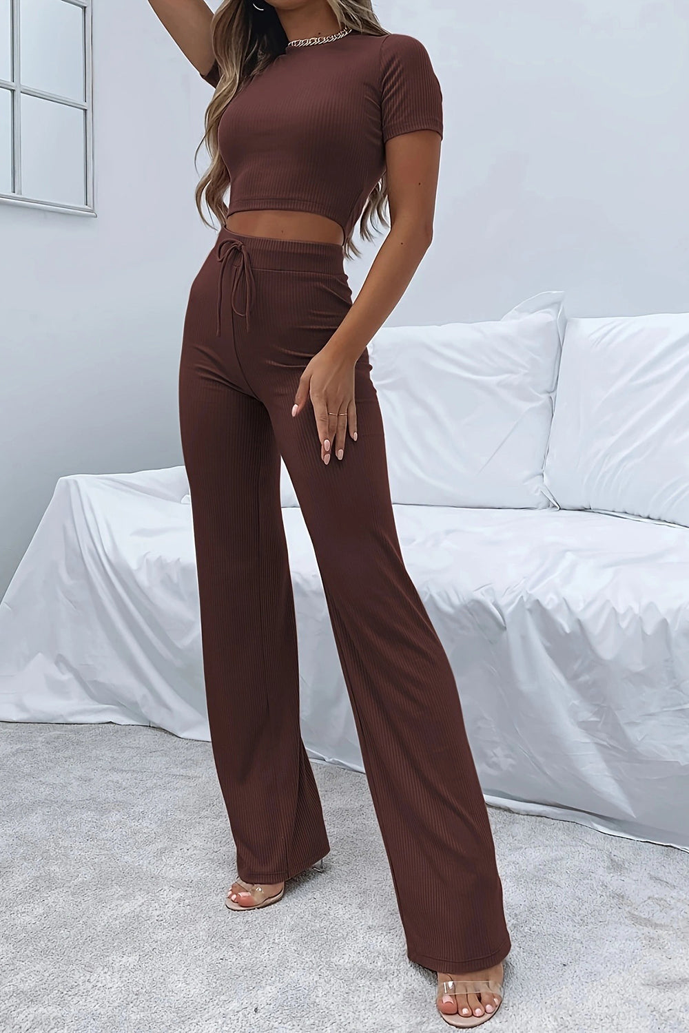 Brown ribbed crop top and wide leg pants set with drawstring waist.