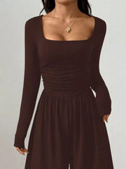 Ruched Square Neck Wide-leg Jumpsuit in Brown, view 14