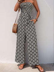 Black geometric print bandeau jumpsuit with belt and wide legs