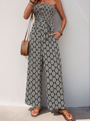 Black geometric print bandeau jumpsuit with belt and wide legs