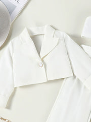 Toddler white cropped blazer with pearl button detail, part of a three-piece set.