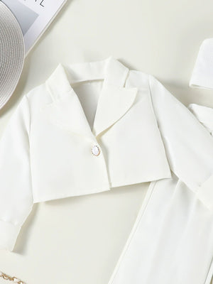 Toddler white cropped blazer with pearl button detail, part of a three-piece set.