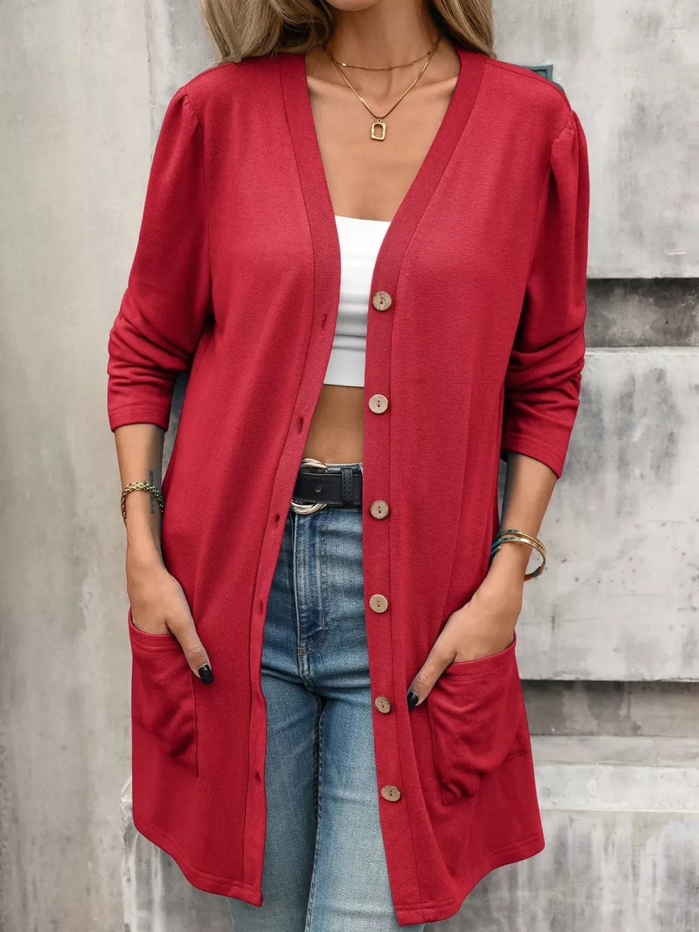 V-neck Button-up Long Sleeve Cardigan in Black with buttoned