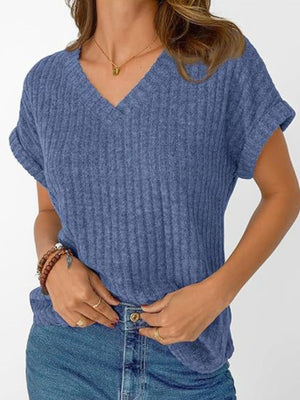 Blue ribbed V-neck t-shirt with cuffed short sleeves and a relaxed fit.