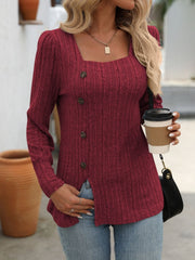 Burgundy ribbed knit top with square neck and side button detail