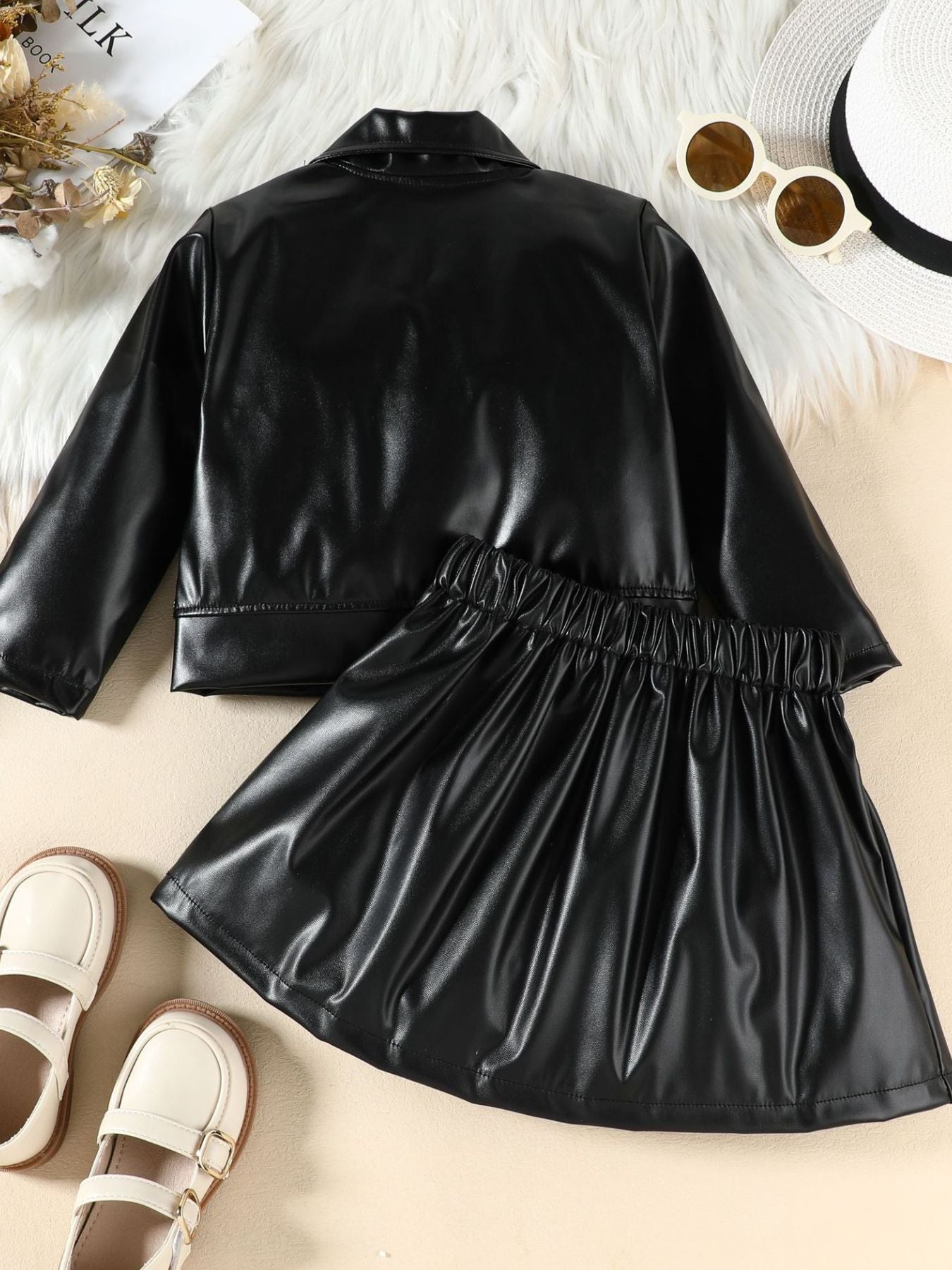 Black faux leather jacket and skirt set for baby girls with elastic waist skirt.