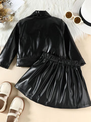 Black faux leather jacket and skirt set for baby girls with elastic waist skirt.