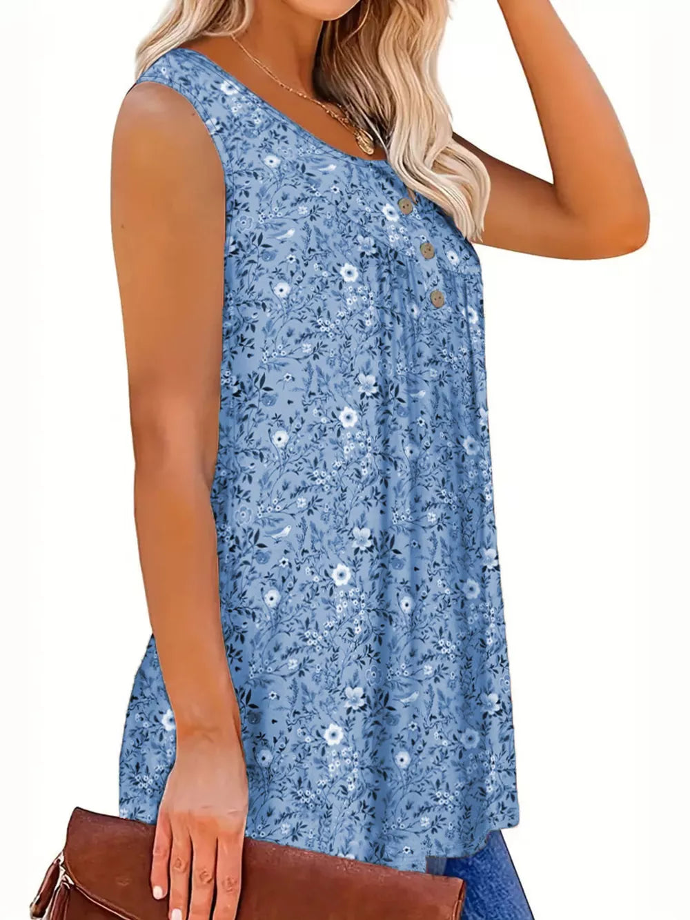 Sky blue floral print henley tank top with button detail and sleeveless design.