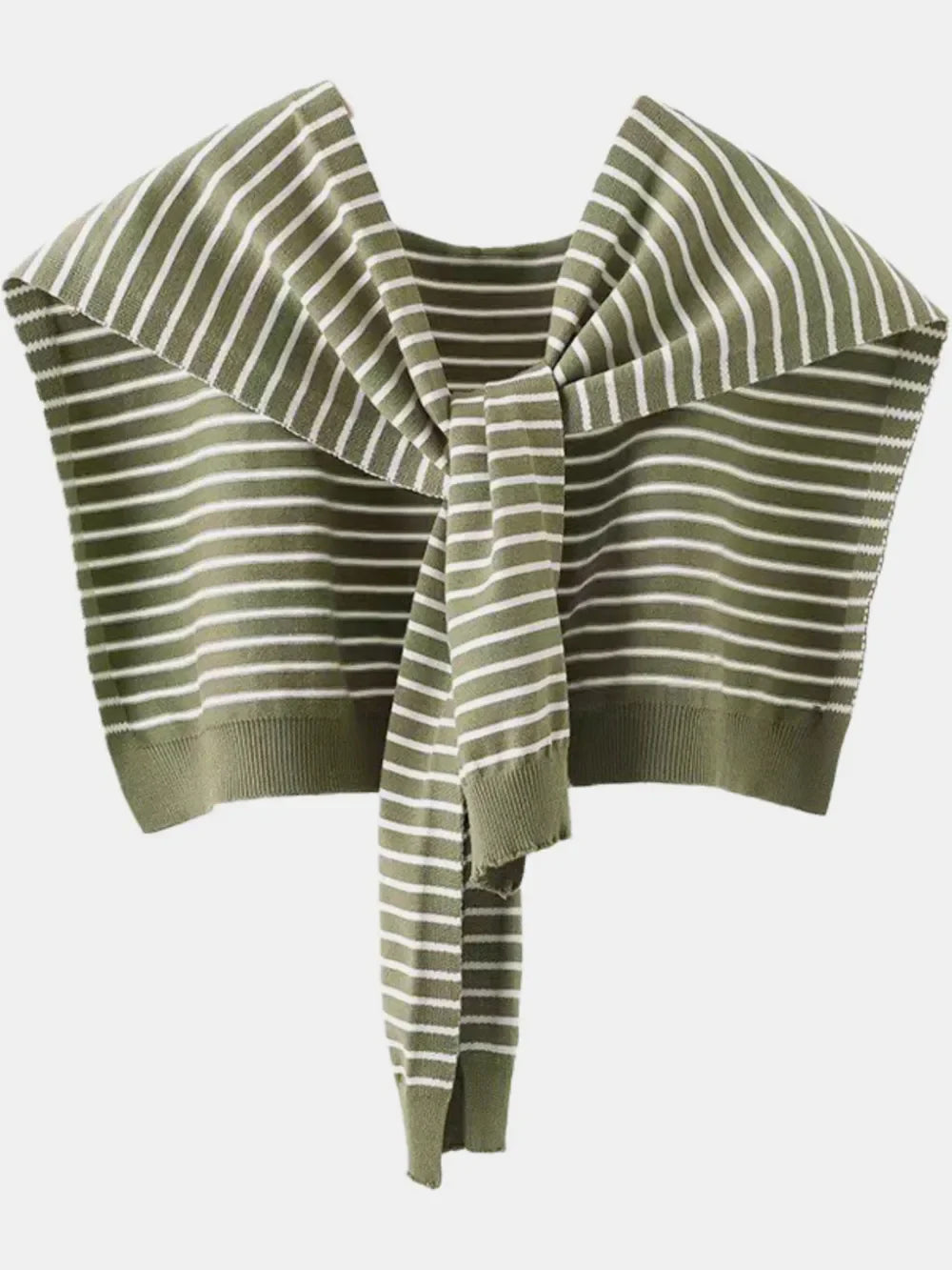 Moss green and white striped acrylic sweater with tie-front detail