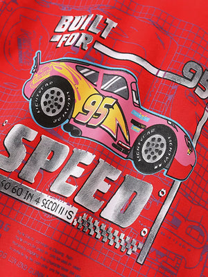 Red cotton toddler tee with a pink race car graphic and "SPEED" text.