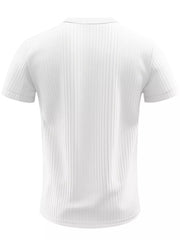 White ribbed short sleeve henley t-shirt with button detail at collar