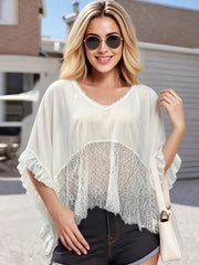 White lace-trimmed sheer flowing cover-up with ruffled sleeves and V-neck.