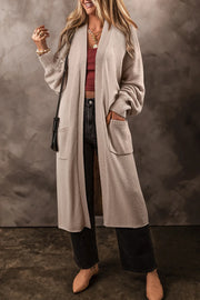 Oversized sleeve maxi cardigan in Dust Storm with pockets and ribbed cuffs.