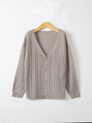 Gray chevron knit lightweight cardigan with V-neck and button front.