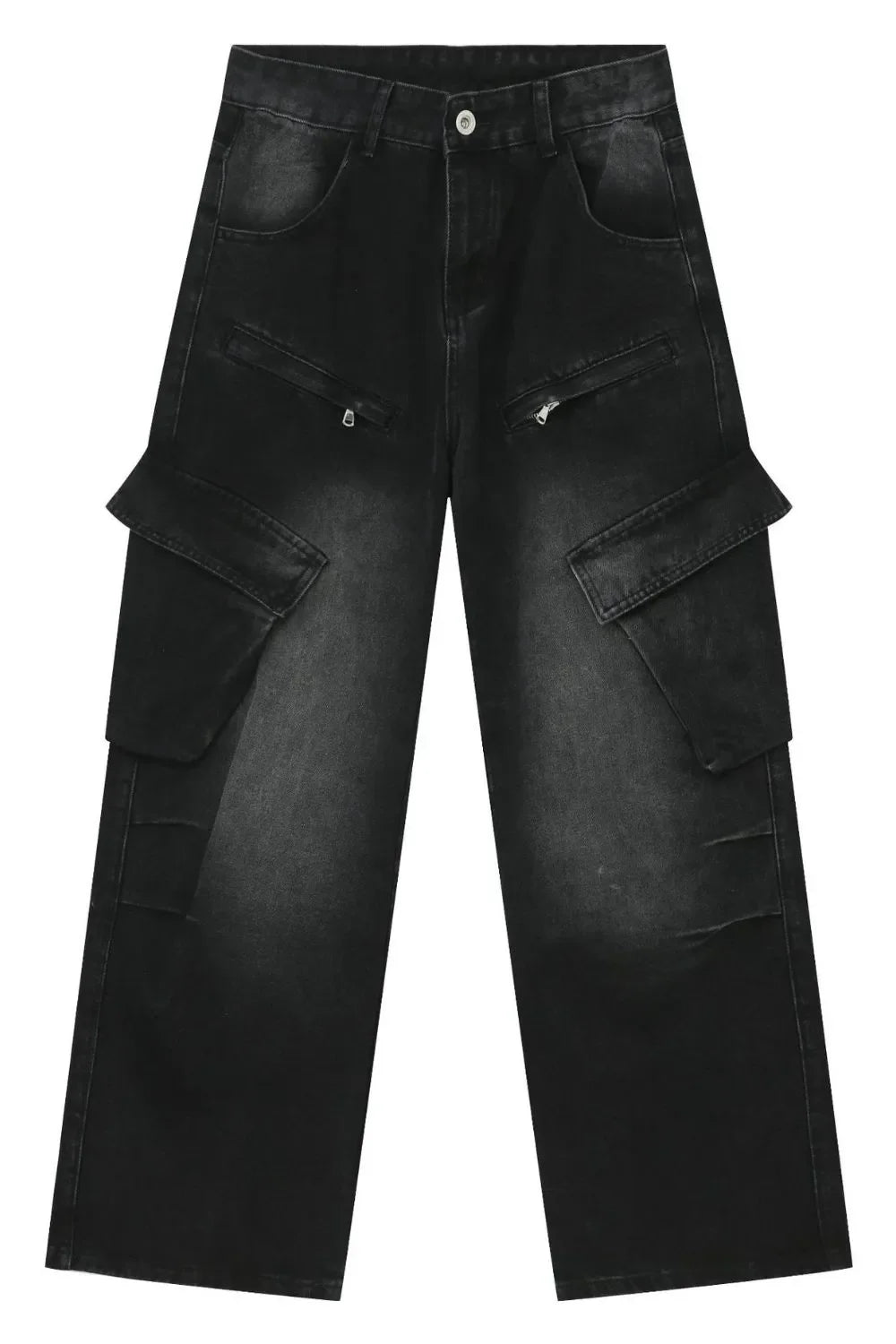 Faded black denim utility cargo pants with multiple zip and flap pockets.