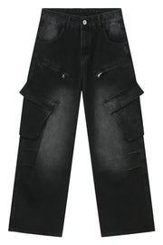 Faded black denim utility cargo pants with multiple zip and flap pockets.