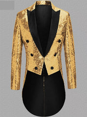 Gold sequin double-breasted tailcoat blazer with black lapels and trim.
