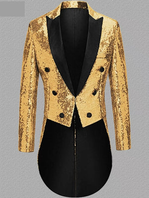 Gold sequin double-breasted tailcoat blazer with black lapels and trim.