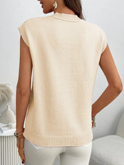 Cream ribbed knit sleeveless mock neck top with a classic fit.