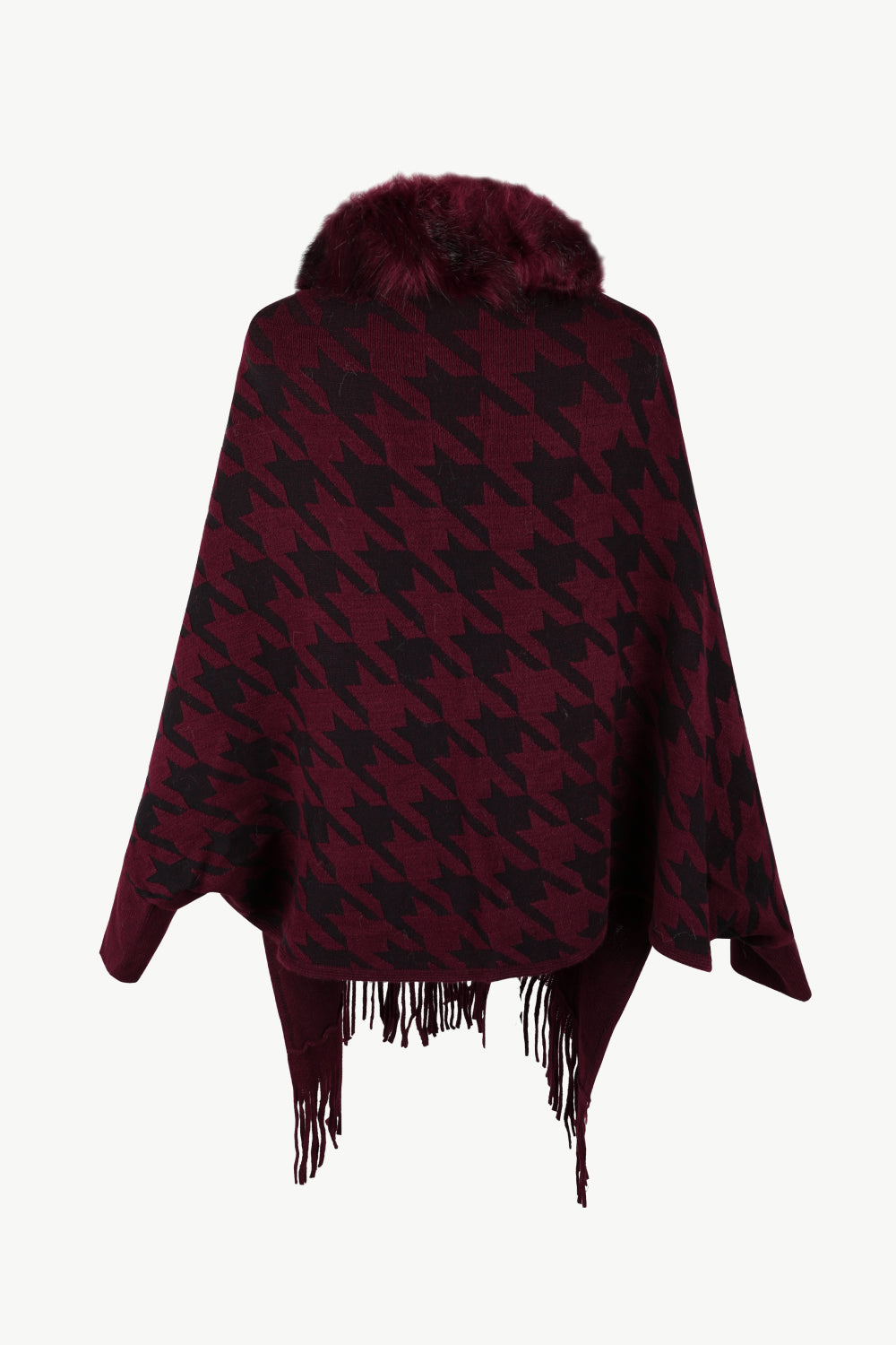 Burgundy houndstooth poncho with faux fur collar and fringe trim