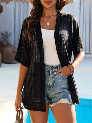 Openwork Open Front Cardigan in Khaki, fit detail
