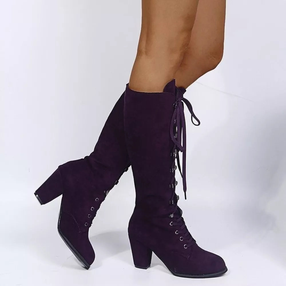Purple suede lace-up block heel boots with eyelets and ties