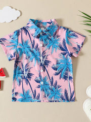 Baby cotton shirt with pink palm tree print, short sleeves, and button front.