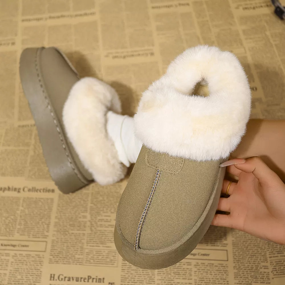 Plush suede platform slippers in matcha green with cream faux fur trim and thick sole.