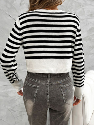Cropped black and white striped cardigan with gold buttons