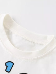 White cotton crew neck t-shirt with blue cartoon rocket graphic detail.