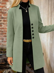 Chic longline trench coat in Matcha Green with button-down front and collarless neckline.