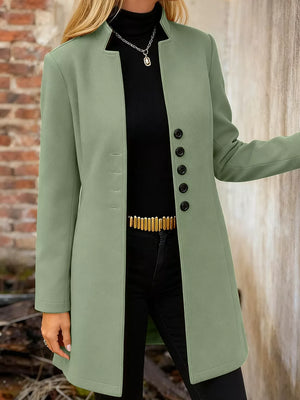 Chic longline trench coat in Matcha Green with button-down front and collarless neckline.