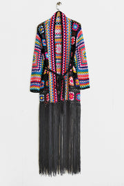 Granny square crochet duster with black fringe and belt, multicolor yarn