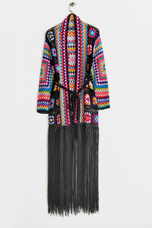 Granny square crochet duster with black fringe and belt, multicolor yarn