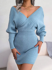 Sky blue acrylic wrap knit bodycon mini dress with V-neck and balloon sleeves.