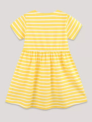 Yellow and white striped cotton baby dress with short sleeves and gathered waist