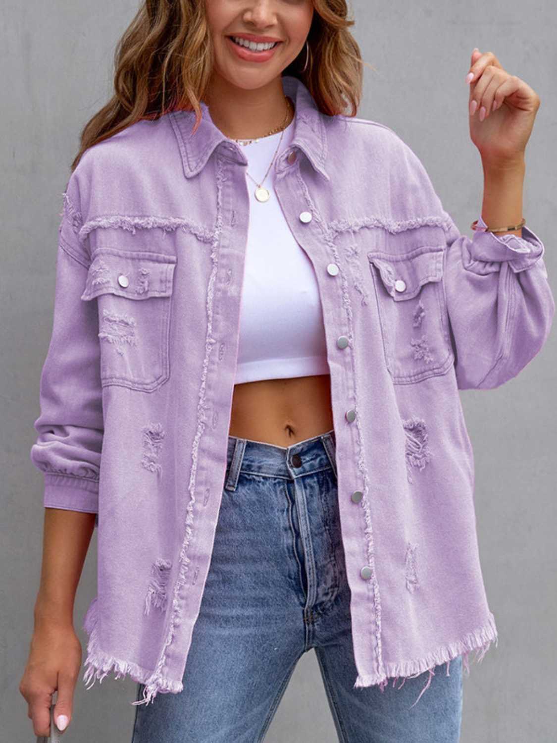 Lavender distressed denim shacket with frayed hem and pockets, button front.