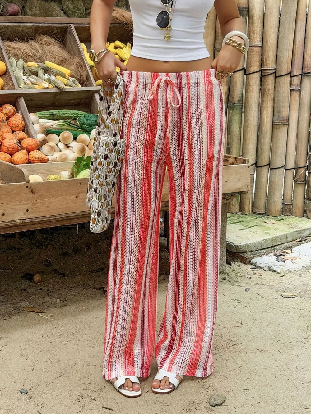 Striped Wide-leg Pants in Orange, close-up detail