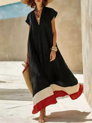 Chic V-neck Maxi Dress With Color-blocked Hem