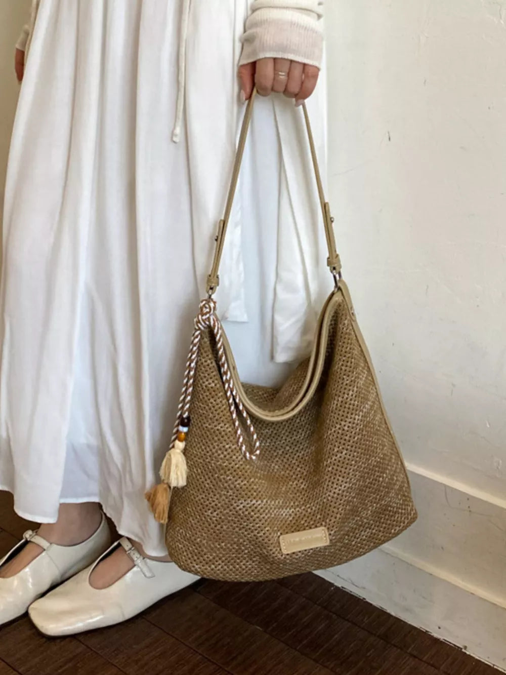 Tassel Woven Crossbody Bag in French Blue, fabric detail
