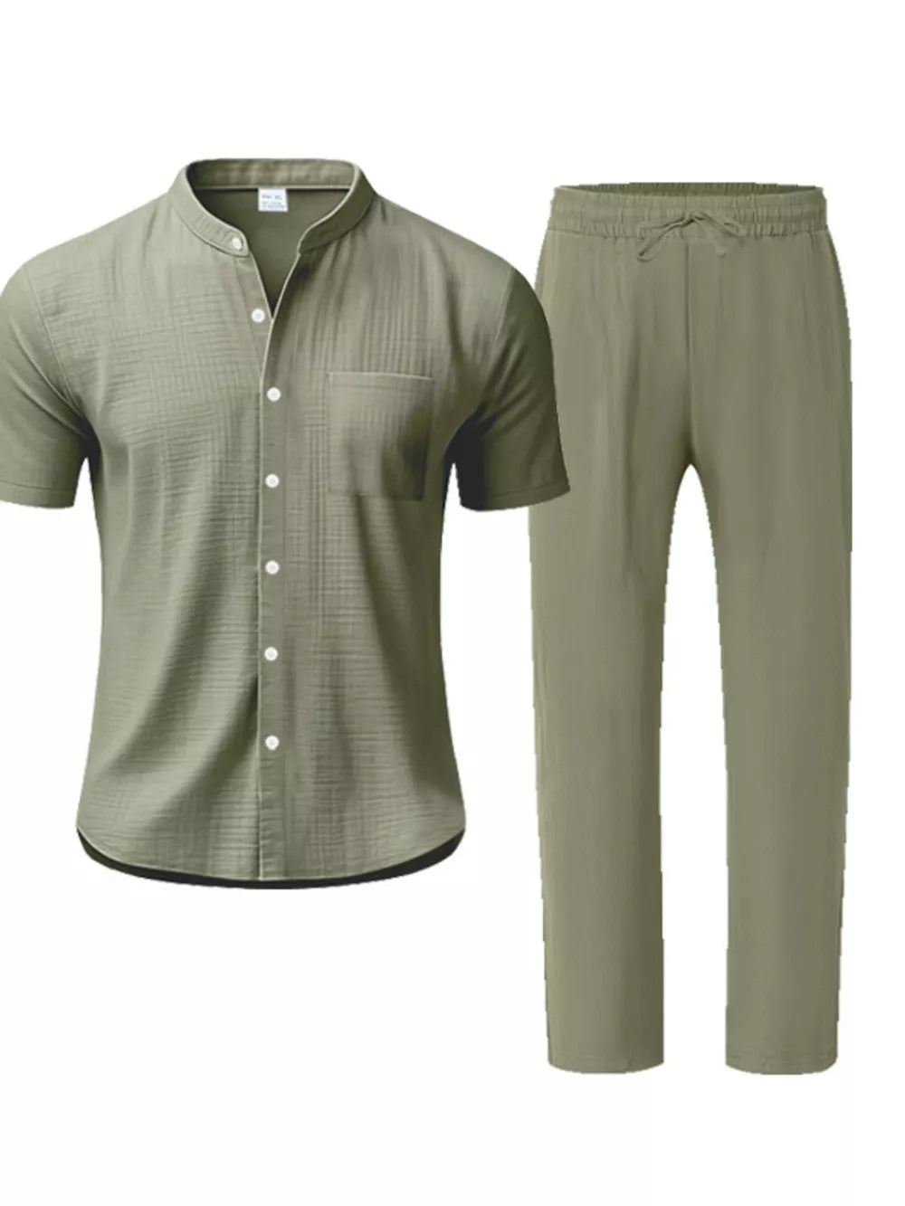 Men's Casual Button-up Short Sleeve Shirt And Pants Set, close-up detail