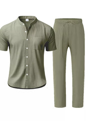 Men's Casual Button-up Short Sleeve Shirt And Pants Set, close-up detail