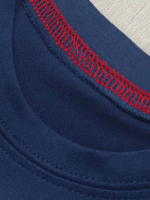 Dark navy toddler t-shirt with red contrast stitching on the crew neck.