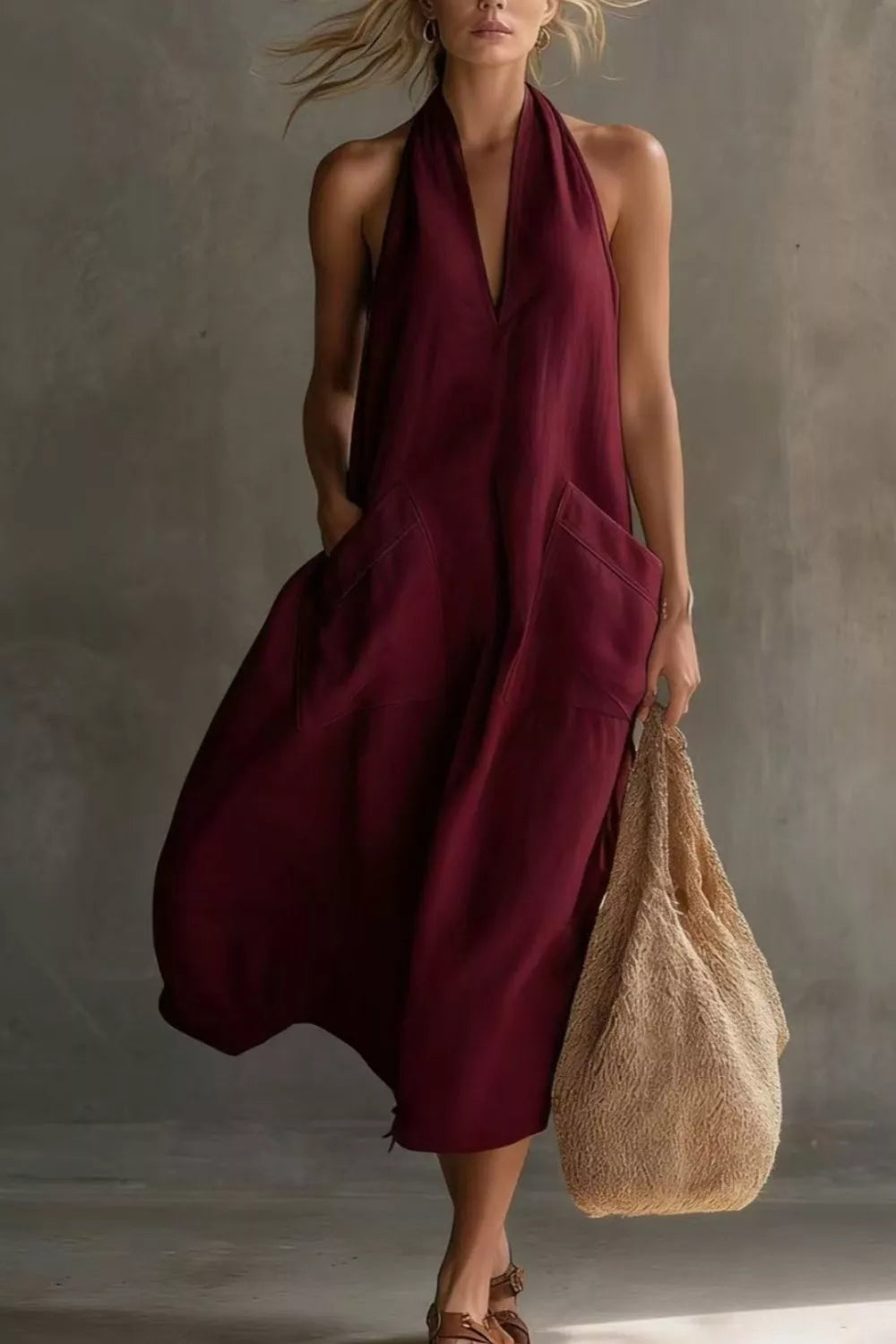 Burgundy halter midi dress with deep V-neck and large front pockets.