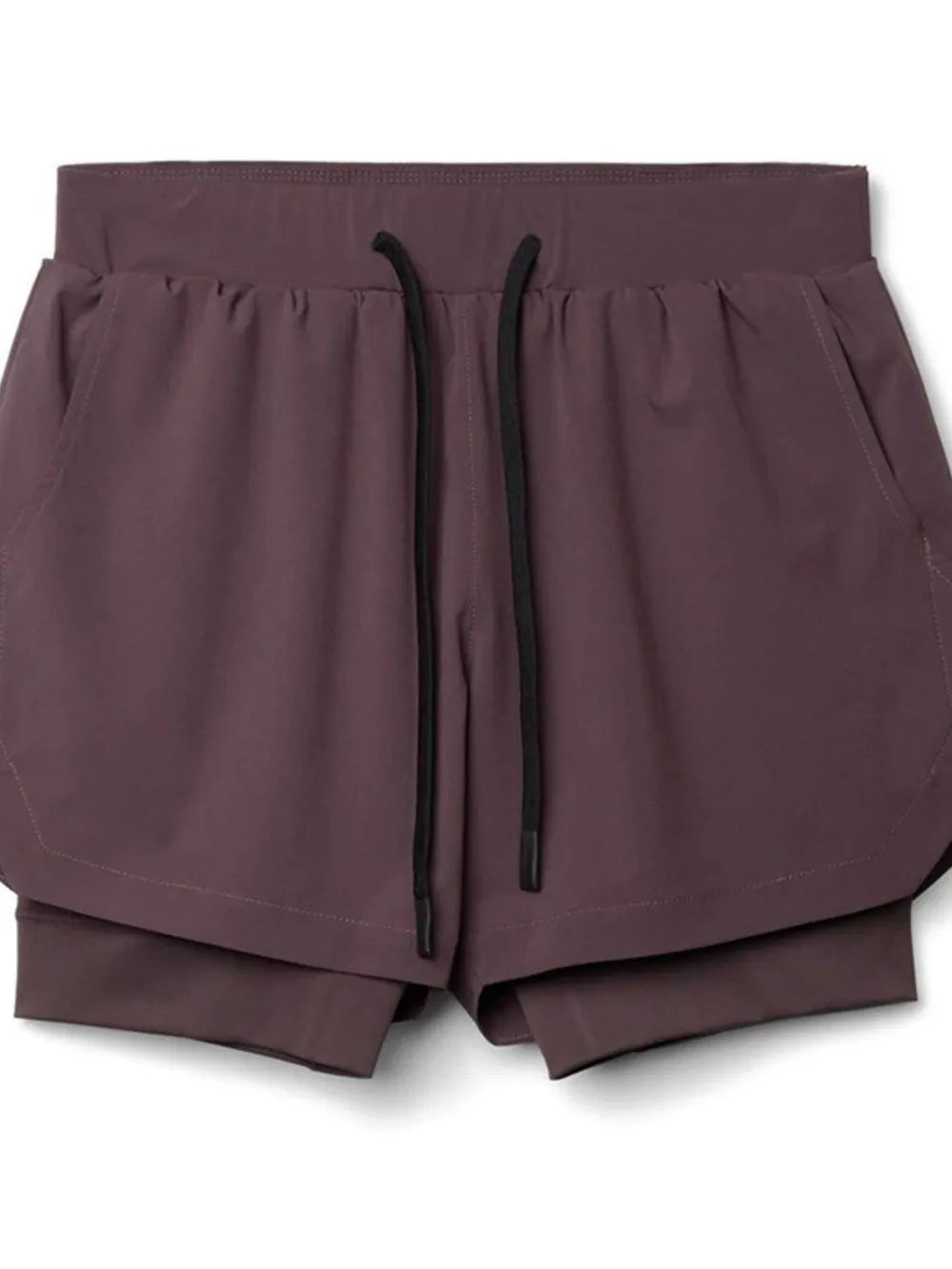 Layered performance shorts in plum purple with drawstring and perforated panels.