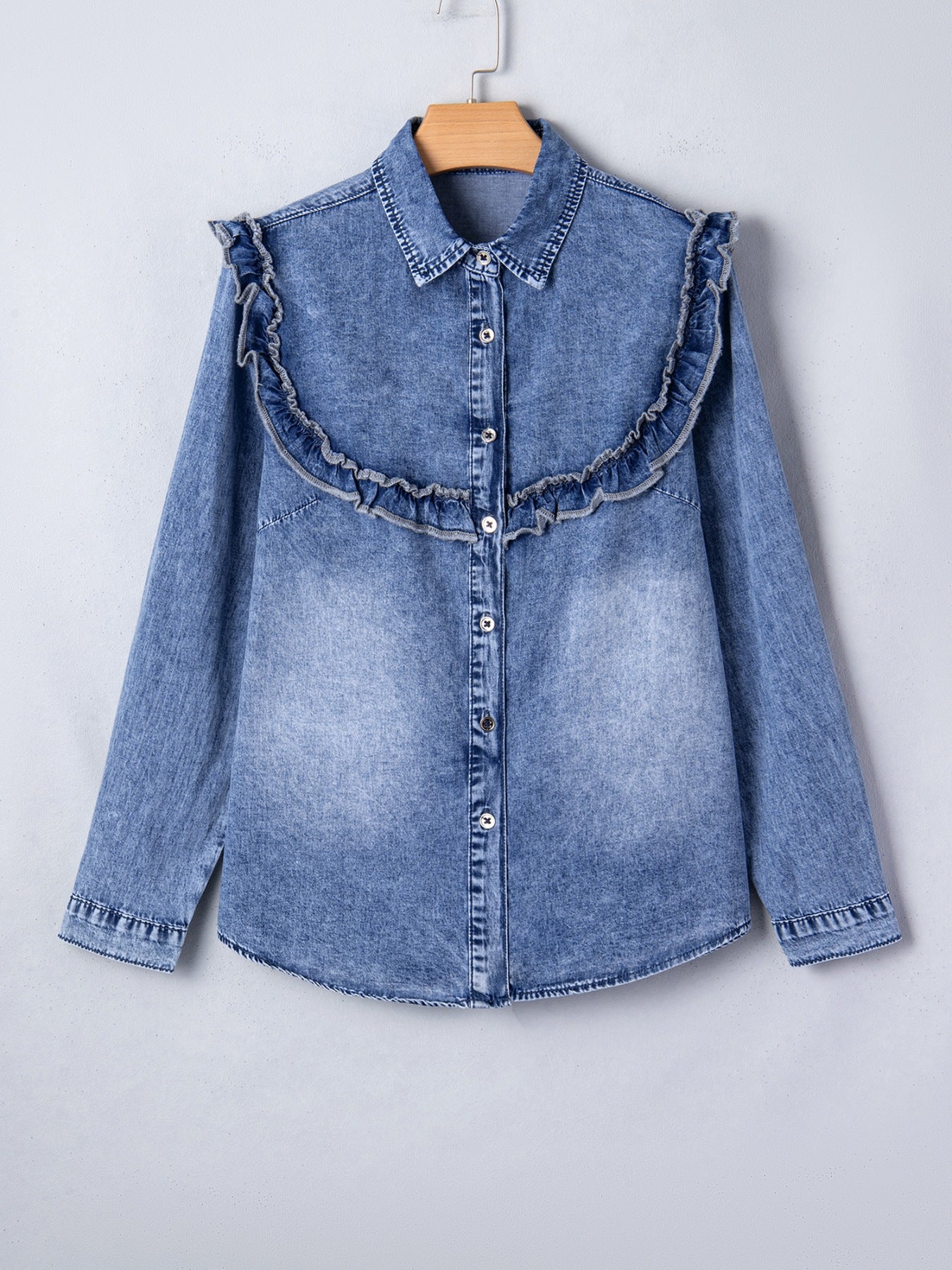 Vintage wash denim button-down shirt with ruffled collar and cuffs
