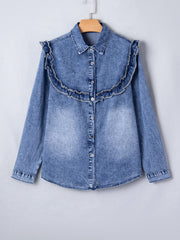Vintage wash denim button-down shirt with ruffled collar and cuffs