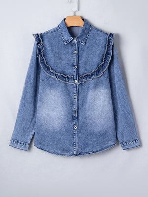 Vintage wash denim button-down shirt with ruffled collar and cuffs