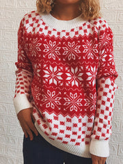 Red and white acrylic knit sweater with snowflake pattern and crew neck.